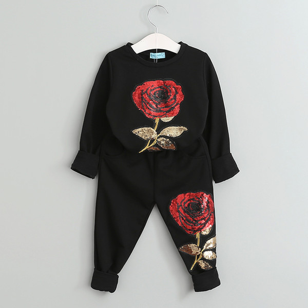 Mother And Daughter Set Sweatshirt+Pants 2 Pcs Suit Family Matching Sportswear Mother Daughter Outfits Rose Floral Embroidered Sequin sets