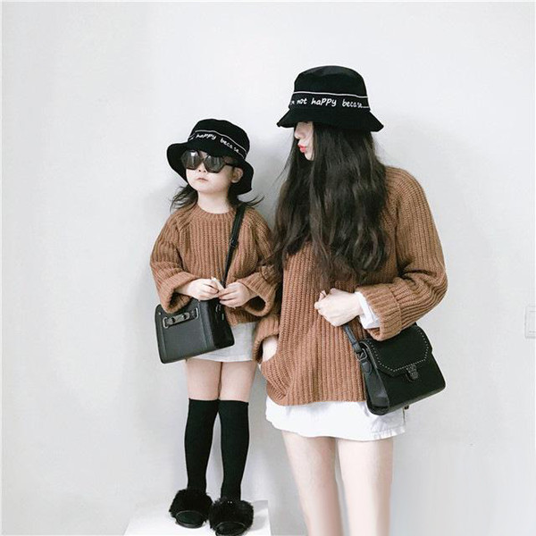 Mother and daughter pure color pullover Autumn Winter Mother son double pockets thickening knitting sweater Family All-matched Clothes