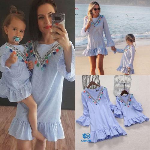 Family Matching Outfits Mother Daughter Women Kids Baby Girls Striped Boho Matching Dress Clothes