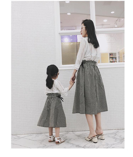 2019 New kids plaid skirt girls ruffle ribbon lace-up Bows lattice skirt children cotton princess skirt mommy and me matching outfits