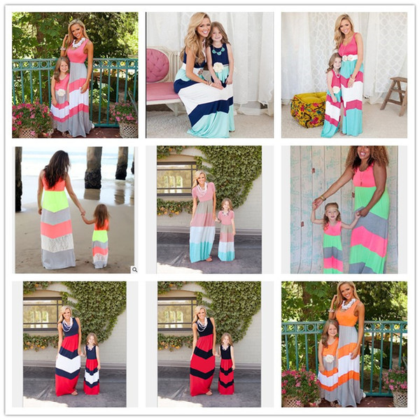 2018 Mommy and me family matching mother daughter dresses clothes striped mom and daughter dress kids parent child outfits