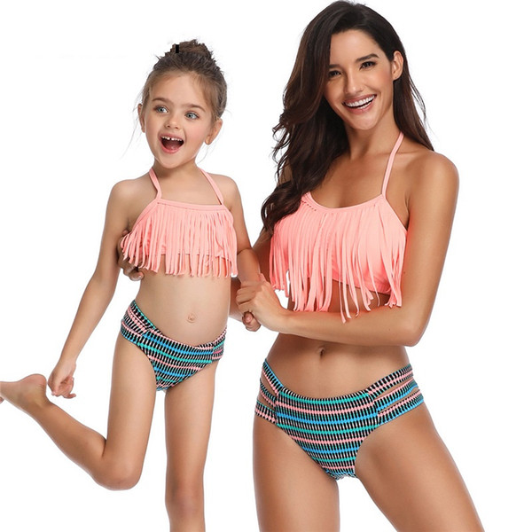 Cute Sexy Bikini Mother Daughter Bikini Set Split Swimsuit Tassel Sexy Family Match Outfits Parent-child Swimsuit Neck Fringed Baby Bikini