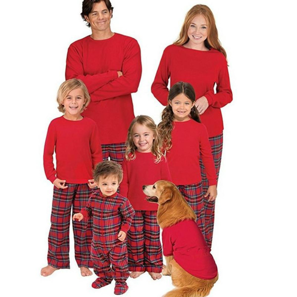 100%Cotton Family Matching Clothing Pajamas Christmas Family Look Red Color Tops + Plaid Pants Mom & Daughter 2PCS Suit QZ056