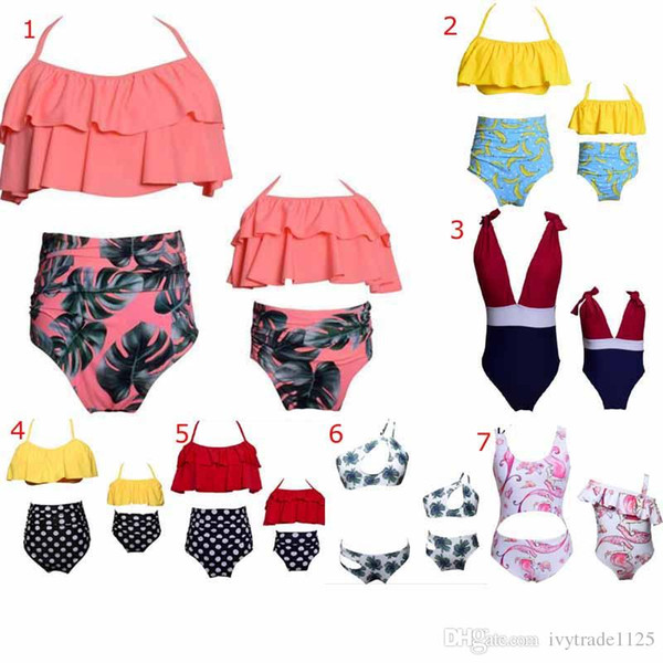 8 style fashion hot selling Mother Daughter Bikini outfits swimwear beach women girl ruffles flower mermaid print bikini sets