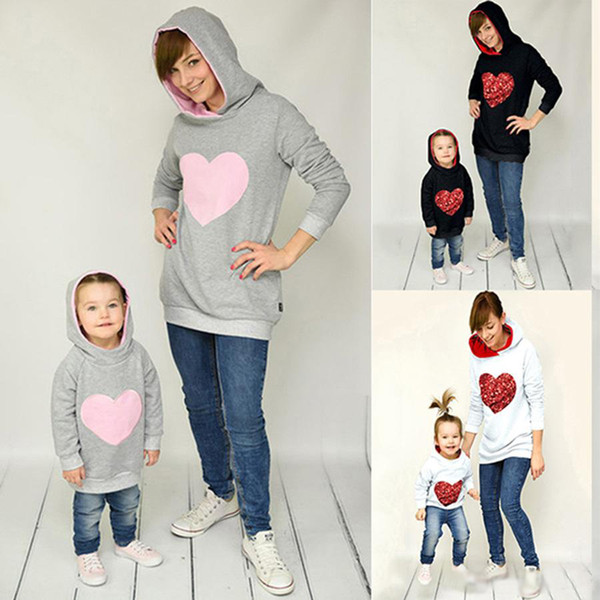 Mother Daughter Hoodies Heart Printed Sequins Mom Girls Matching Sweatshirt Family Matching Hoodies Sprint Autumn Adult Kids Hooded Sweater