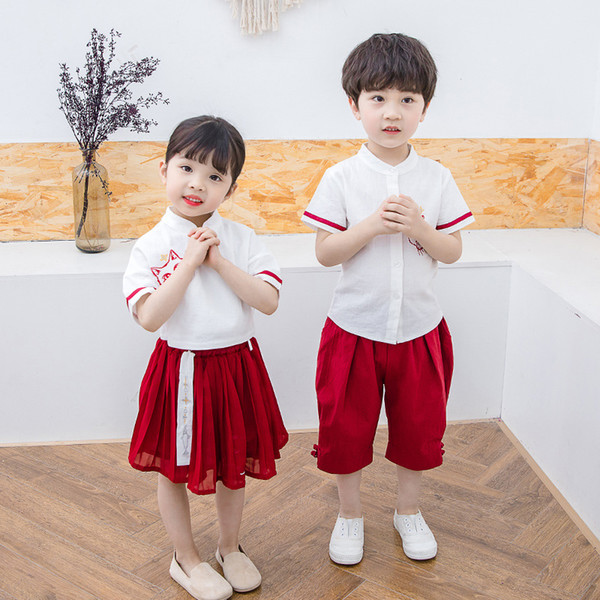 Children's Clothing 2019 Boys and Girls Chinese Style dress or pants Family Matching Outfits Summer Short-sleeved Tang suit Two-piece Sets