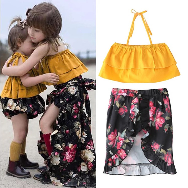 Family Clothing Sets Summer 2018 Matching Outfits Little Sister Big Sister Condole Belt Floral Tops+Bloomers Skirt Shorts 2PCS