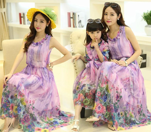 Newest Family Dress Lavender Floral Bohemia Maxi Dress Mother and Daughter Matching Clothes Fashion Beach Long Dresses