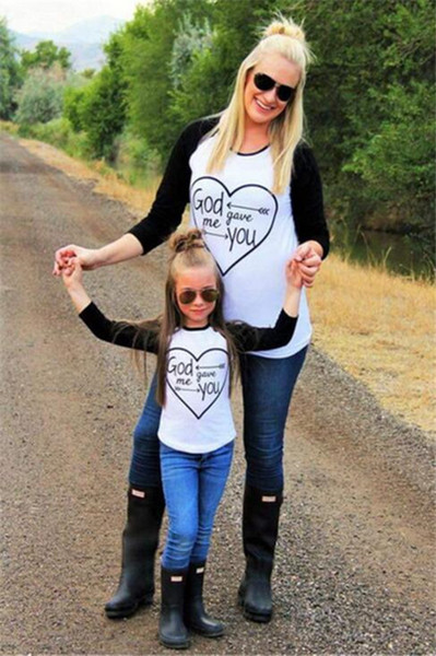 Mother And Daughter Clothes Family Wear Long Sleeve Heart Pattern T Shirt Kids Clothing Stitching Women Parent-child Outfits Summer