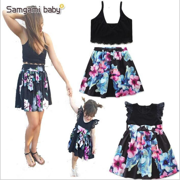 Baby Kids Clothes Girls Floral Flowers Dresses Family Matching Outfits Summer Fashion Dress Lace Ruffle Fly Sleeve Dresses Tops Skirts B4920