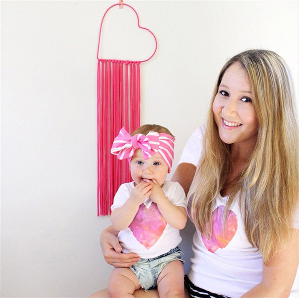 2019 Ins Family Matching Outfits Mom Child Short Sleeve Tees Sets Pink Heart Print White T-shirts Mother and Daughter Summer Tshirts Tops