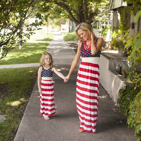 2019 Fashion Mother And Daughter American Flag Dress 2019 Baby Girls Striped Dresses Kids And Parents Summer Dresses Family Matching Outfits