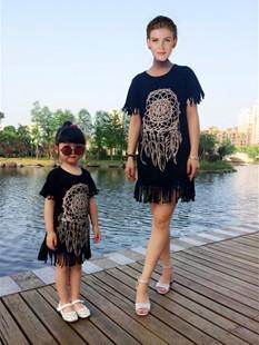 2019 Summer Mother Daughter Dresses Short Sleeve Matching Clothes Cotton Tassel Mom And Baby Girls Family Outfit Look Kids Clothing