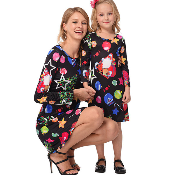 Dresses for Kids and Women Lucky Star Ice Snowball Christmas Print Dress Christmas Parent-child Skirt with Snowman Print