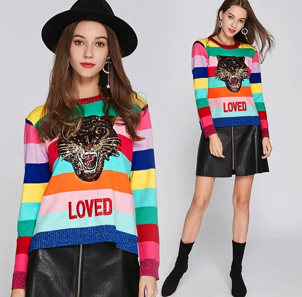 Autumn and winter light luxury high-end women's stripes, long sleeves, sequins, embroidered sweaters, knitted sweaters, women's