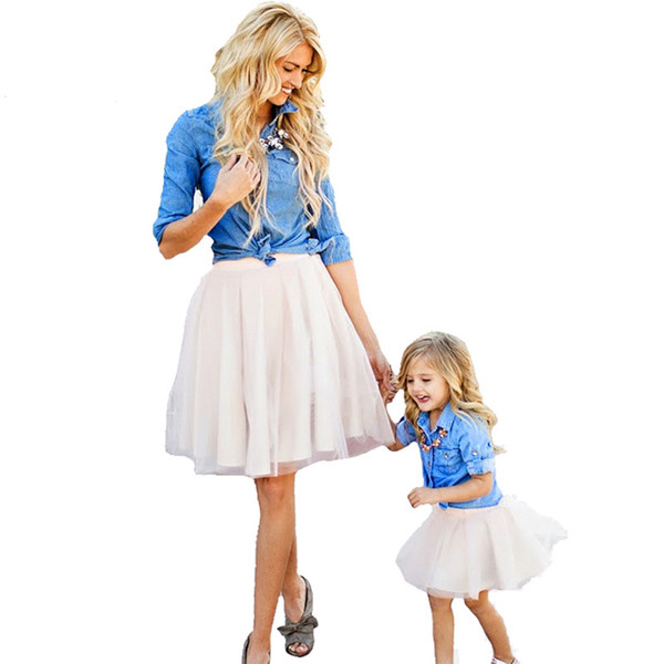 Family Matching Clothes Cowboy Coats Ball Gown Skirt Mother Daughter Outfits Mom Kid Girl Fashion Family Suits Mammy Child Set