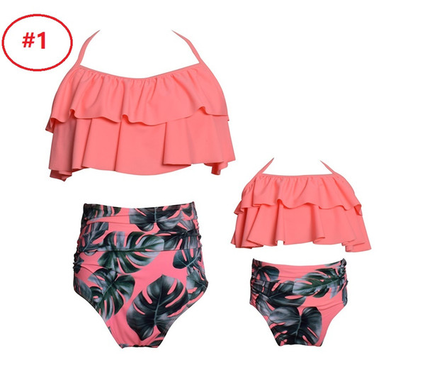 19 Designs Mommy and daughter Swimwear Bikini set Family Matching clothes Leaves Dots Ruffles Top+ High waist Shorts Boutique Hot selling