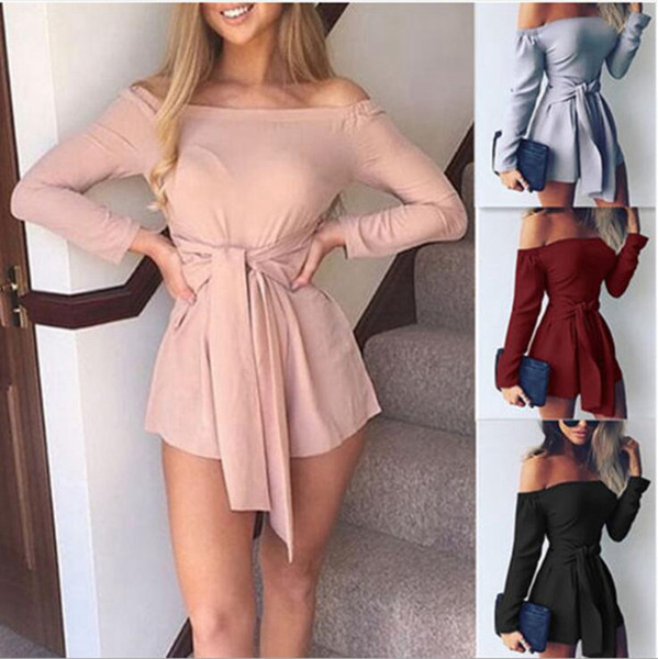 Women Off Shoulder Jumpsuit Ladies Casual Shorts Long Sleeve Playsuit Rompers Waist Tie Shorts Club Romper LJJO4595