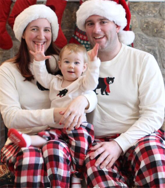 Christmas Plaid Pajamas Family Matching Xmas Sleepwear Outfit Cartoon Bear Pullover Top + Striped Grid Pants Parent-child Bedgown pyjama