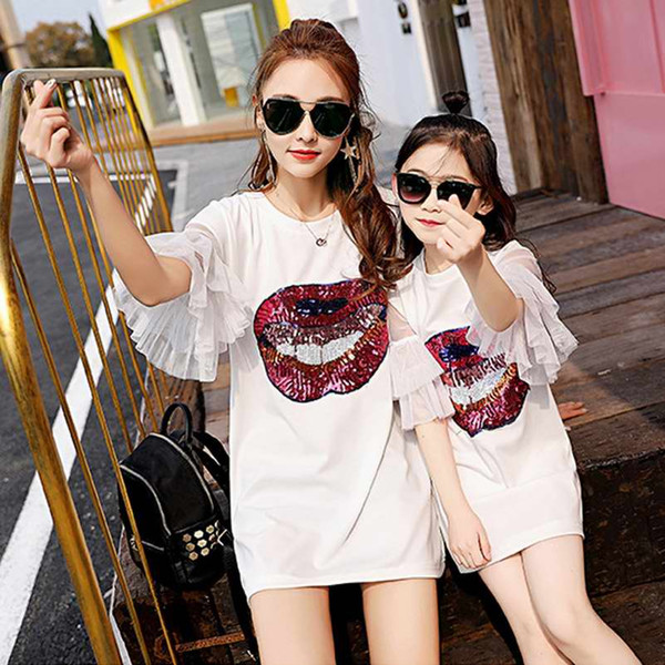 Family Matching Outfits summer family Mother Daughter dress paillette kiss Prints print baby head band dress free ship