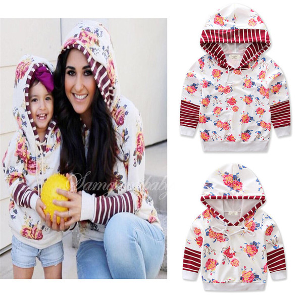 Mother and daughter flower printing fashion hoody pink stripe floral splicing hoodie jacket mother and girls famili matching outfit 2-6T