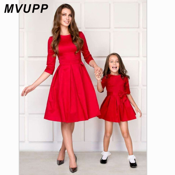 MVUPP mom and daughter matching clothes bows half sleeve mother baby dresses mommy me outfits for girls mama family look dress