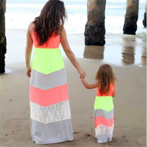 Mother And Daughter Matching Dresses Clothes Summer 2017 Fluorescent Color Lace Stitching Parent-child Dress Family Cothes Mommy And Me