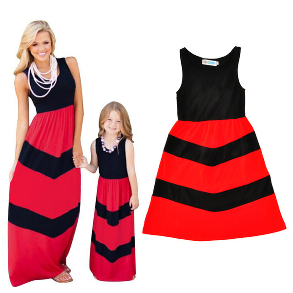 Mother Daughter Dress 2017 Summer Fashion Red Black Striped Matching Mom And Me Clothes Sleeveless Mommy Daughter Dresses Family Look