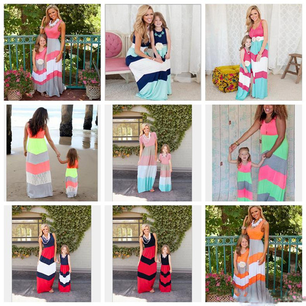 Quality Formal Mommy And Me Striped dress mother daughter Sleeveless Long dresses family mother daughter beach kids parent child dress