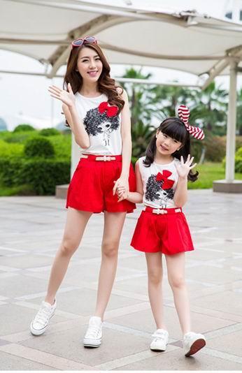 Mother Daughter Suits Cotton Sweet Cute Girls Vest Shorts Mother and Daughter Outfit Summer New Cartoon Printing Bow Soft Comfortable Suit