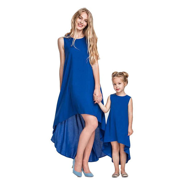 2019 Summer Women Girl Bohemia Irregular hem Dress Sleeveless Blue mother daughter dresses family look outfits