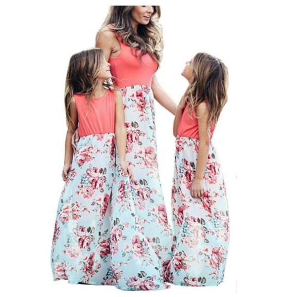 Summer Mother Daughter Dresses 2019 New Fashion Parent-child Sleeveless Flower Print Dresses Mother And Daughter Clothes