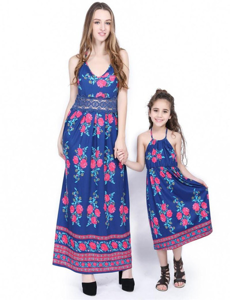 2019 Summer Mother Daughter dress Blue floral print Women Lace patchwork Long Maxi dress Sexy V neck backless Cute girl Family matching