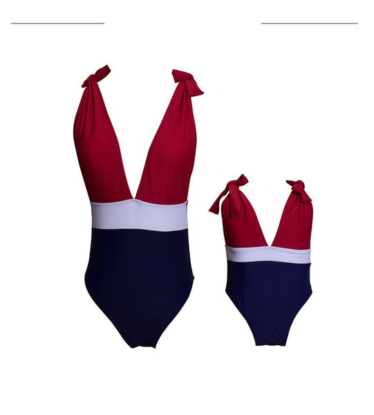 2018 Family Matching Outfits Mother And Daughter Summer Swimsuit Kids Parent Deep V high fork one-piece nylon color matching Swimwear