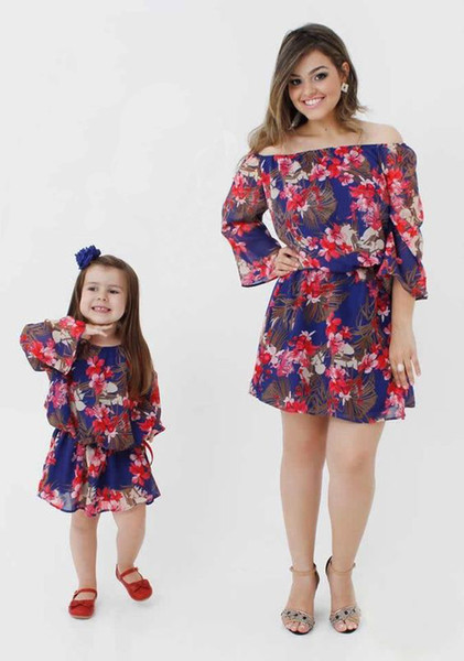 017 New European and American hot-selling trumpet sleeve chiffon Flower Printing slim Mother daughter dress