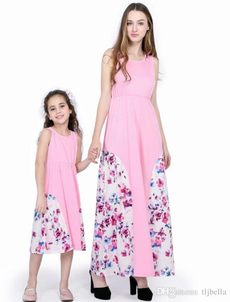 Mother daughter dresses summer stlye family look clothing mom and daughter dress Pure color stitching pink print dress mommy and me clothes