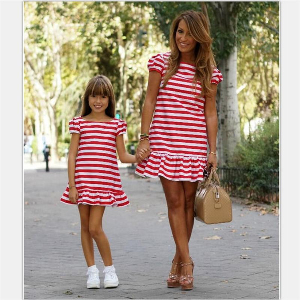 Women Girl red white Striped Above knee Mini dresses flounce short sleeve Mother Daughter dress family matching outfits