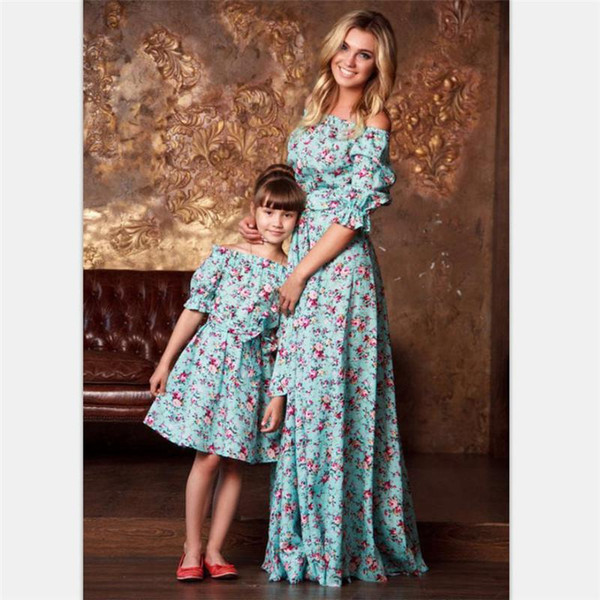 2019 new mother Daughter long dress women Off Shoulder Maxi dress Floral printing family look