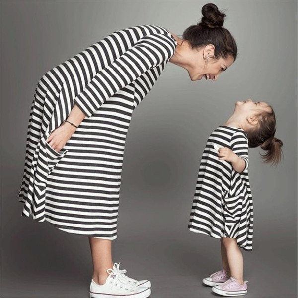 2019 summer mother Daughter Striped dress Pocket half sleeve casual outfits mommy and me clothing