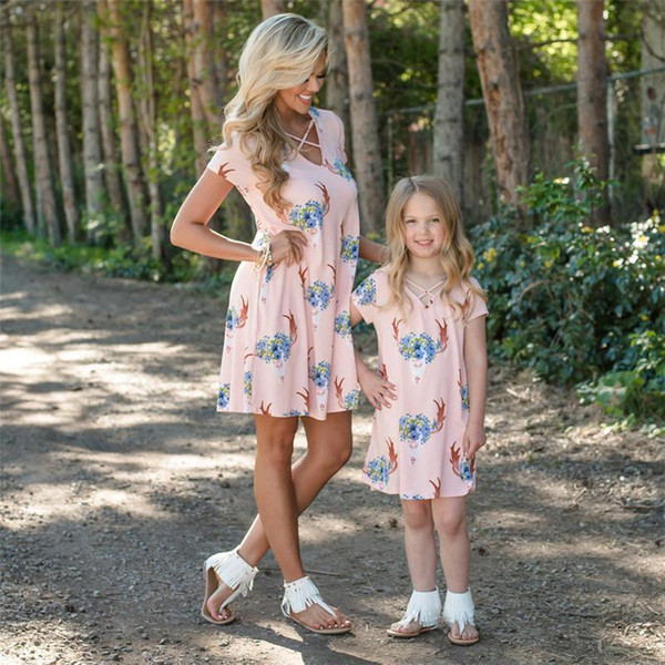 Girl Women Deer print dress mother daughter dresses above Knee short sleeve casual clothing Blue pink Color