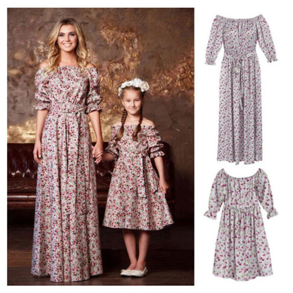 2019 Print Floral Mother daughter dresses Half Sleeve Family Matching Outfits Ankle-length and belt dress fashion hot Sale