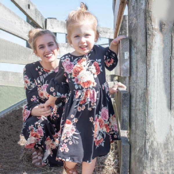 2019 Spring New Mother and daughter Dress Three Quarter Ruffled Sleeve Mommy and me daughter dress family matching outfits