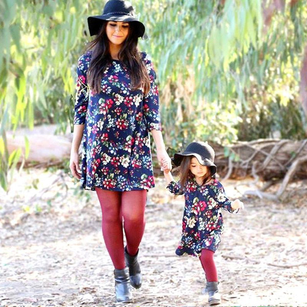 mother and daughter clothes Floral printing family dresses knee dress mommy and me dress Nine quarter sleeve Vintage dress