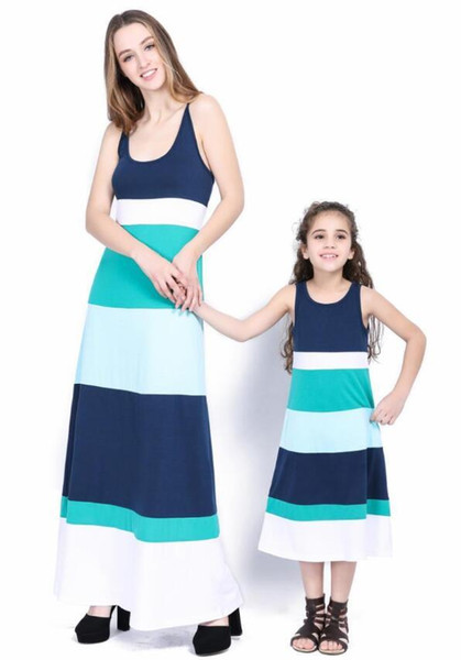 Mother daughter dresses summer stlye family look clothing mom and daughter dress Condole belt blue green and white color sleeveless dresses