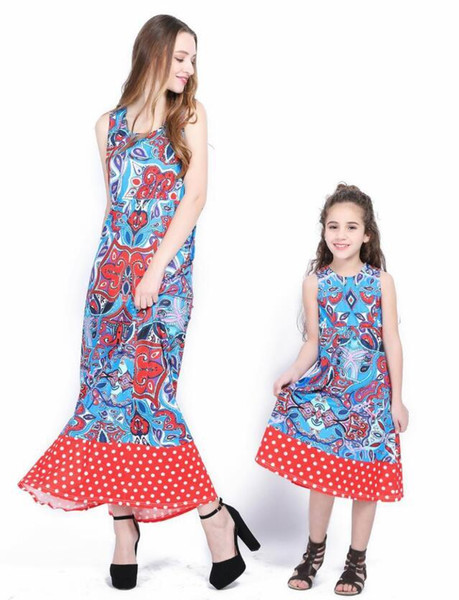 Mother daughter dresses summer stlye family look clothing mom and daughter dress Printed retro wave point hem of the dress mommy and me clot