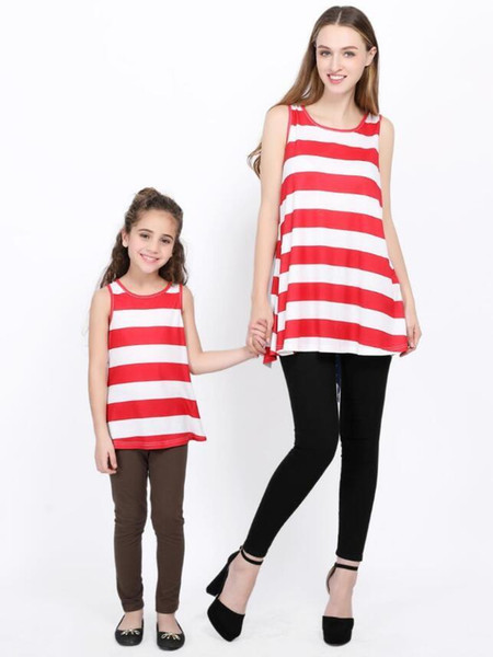 Mother daughter dresses summer stlye family look clothing mom and daughter Red and white striped vest big bowknot sleeveless clothes mommy a