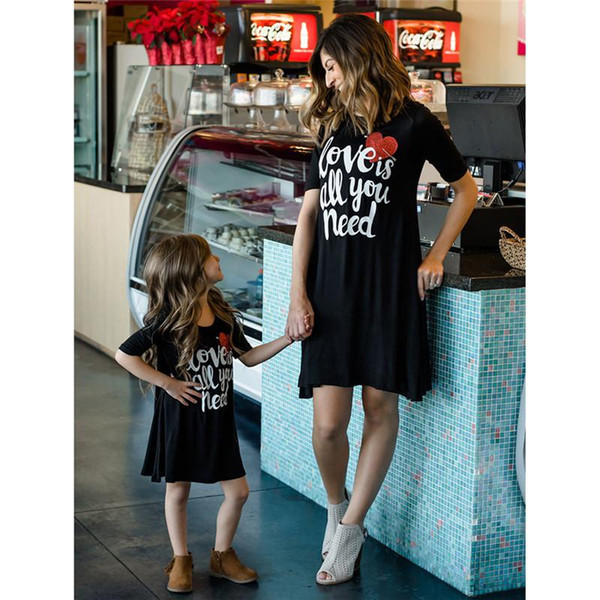 mother Daughter dress 2018 summer new Black letter printed red heart short sleeve casual dress above knee