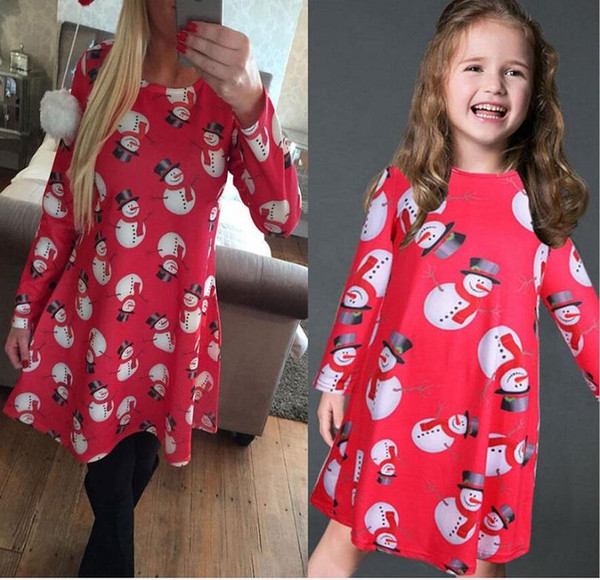 Matching Mother Daughter Dress Christmas Snowman/Deer Full Sleeve Dresses Girls Woman Above-Knee Dress Costume, Multi Designs