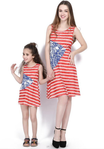 2018 Mother daughter dresses summer stlye family look clothing mom and daughter dress Red and white striped abstract splicing sleeveless