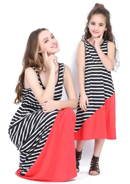 2018 Mother daughter dresses summer stlye family look clothing mom and daughter dress Stripe splicing pure color dress mommy and me clothes